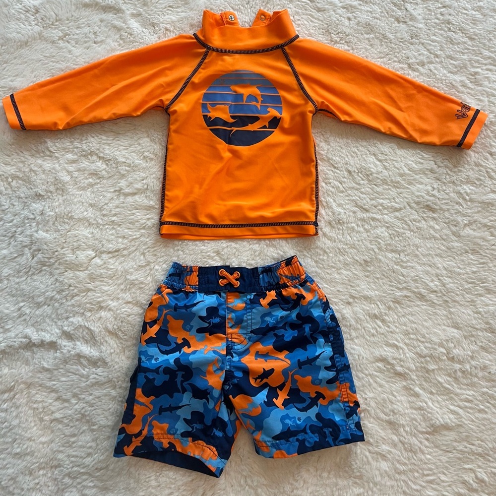 Orange and Blue shark Rashguard Swim Set with UV Protection